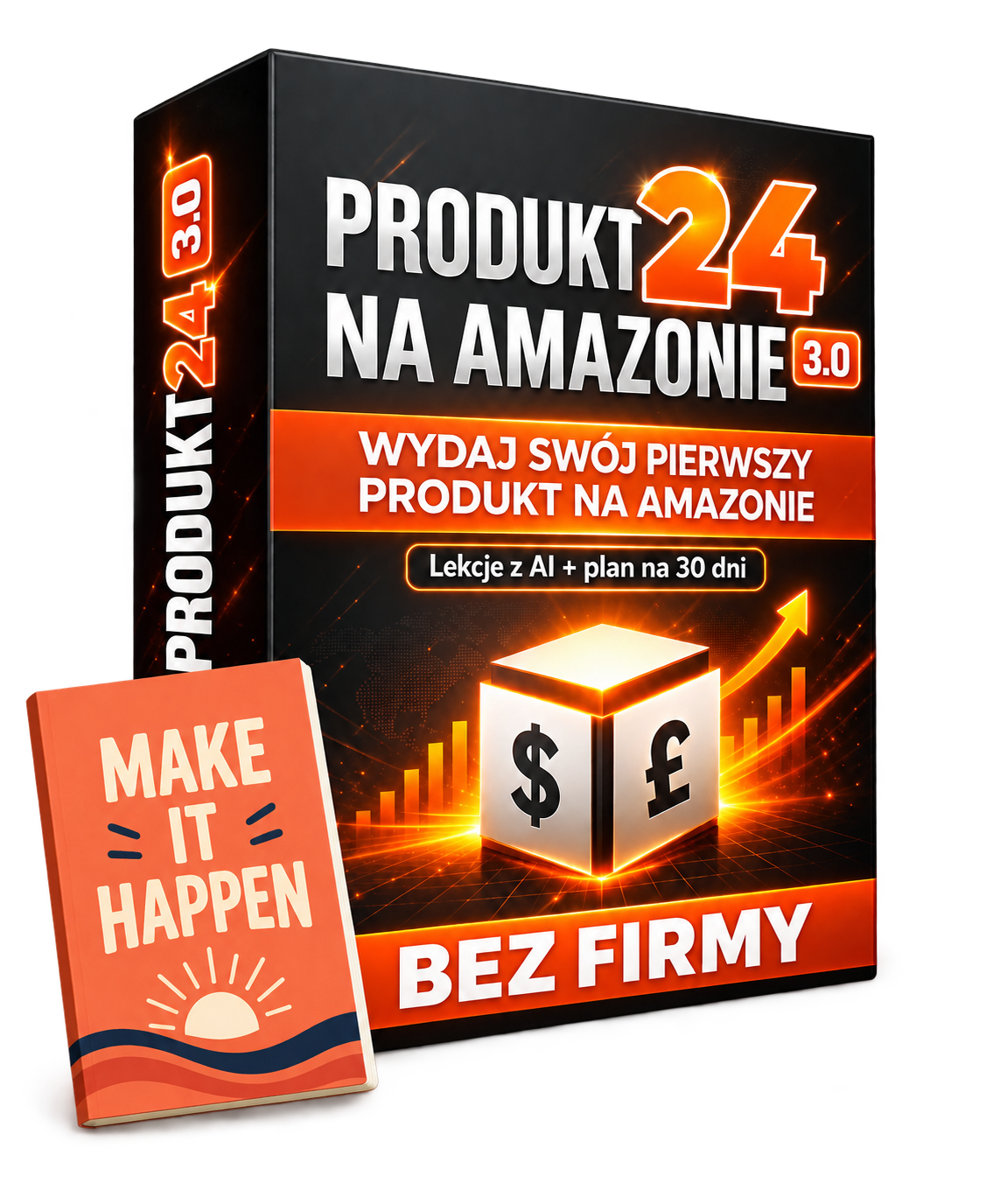 Kurs Produkt24 3.0 i pomarańczowy zeszyt Make It Happen — lekcje z AI i plan na 30 dni
