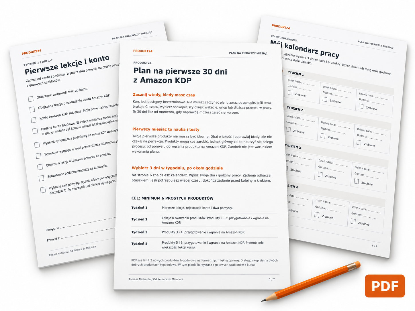 Podgląd planu Produkt24 na pierwsze 30 dni: strona wprowadzająca, lista zadań do odhaczania i kalendarz pracy.